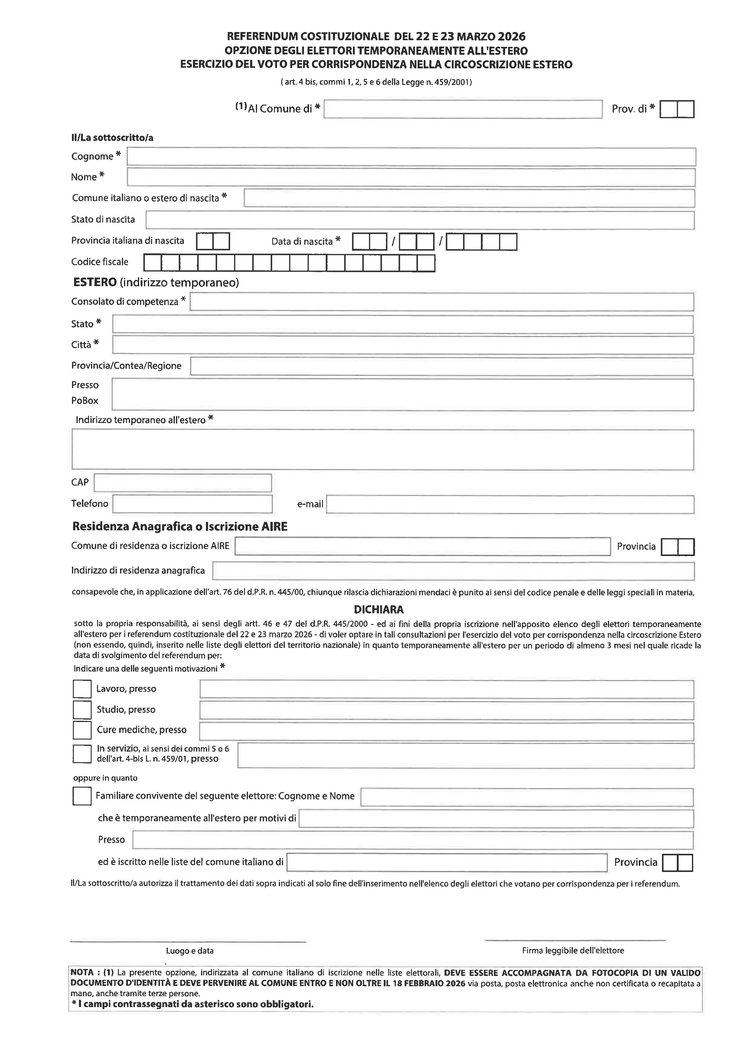 Referendum costituzionale del 22 e 23 marzo 2026. Opzione di voto per gli elettori temporaneamente residenti all'estero.